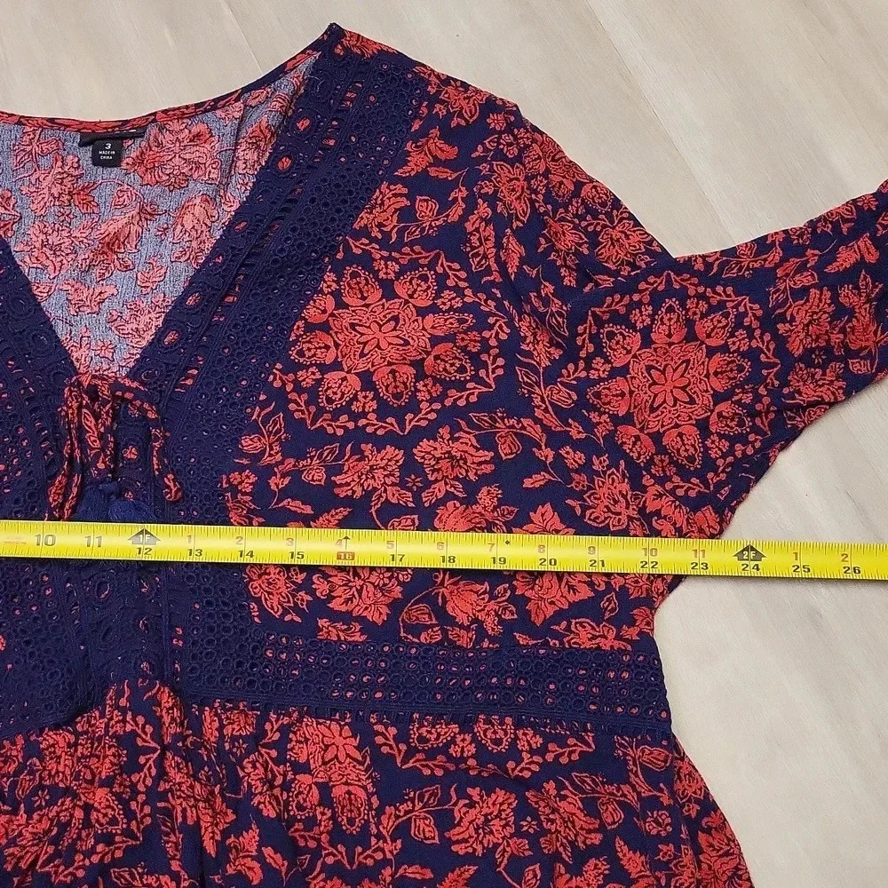 Torrid Crinkle Gauze Red Blue Floral Lace Up Baby Doll‎ Blouse Womens 3X - Picture 9 of 10